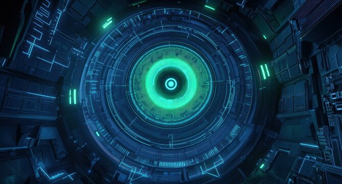 Futuristic teal-lit circular technological interface