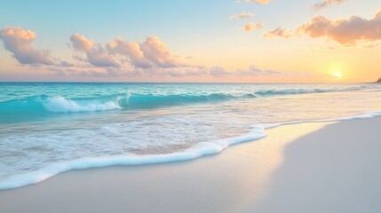 Serene Sunset Over Tropical Beach Azure Ocean Waves Gently Lap White Sand