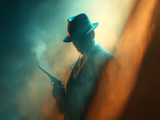Mysterious Noir Detective in Smoke with Silenced Pistol