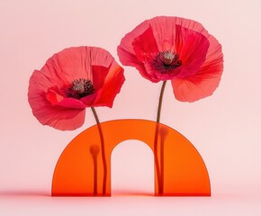 Two vibrant red poppies in a modern orange arch vase