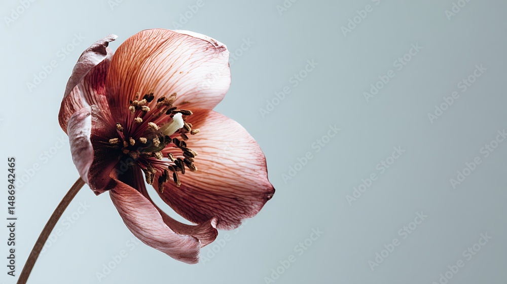 Aufkleber delicate single flower positioned on the side against a light background with blank negative space f