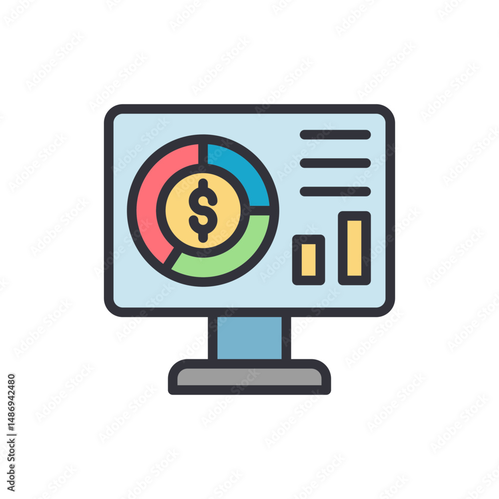 Poster colorful computer display showing financial statistics and graph analysis