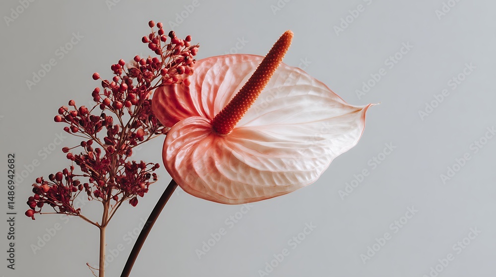 Aufkleber delicate single flower positioned on the side against a light background with blank negative space f