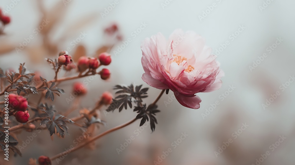 Aufkleber delicate single flower positioned on the side against a light background with blank negative space f