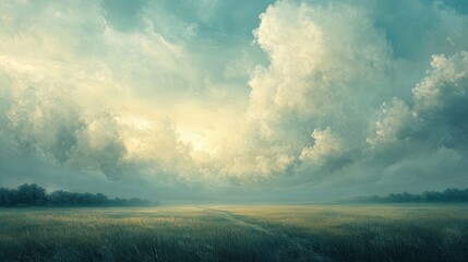 Fototapeta premium Soft Light and Clouds Over a Serene Field at Sunset