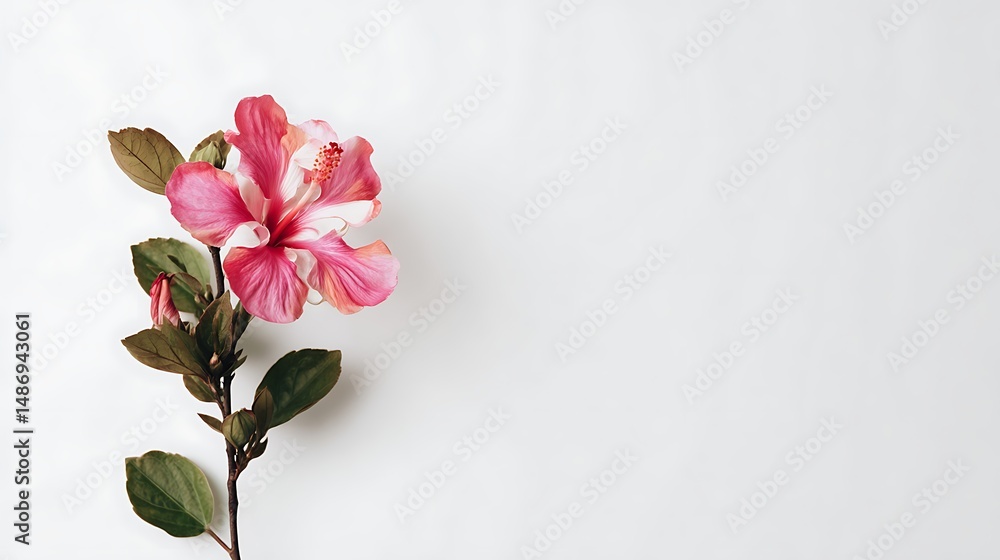 Aufkleber delicate single flower positioned on the side against a light background with blank negative space f