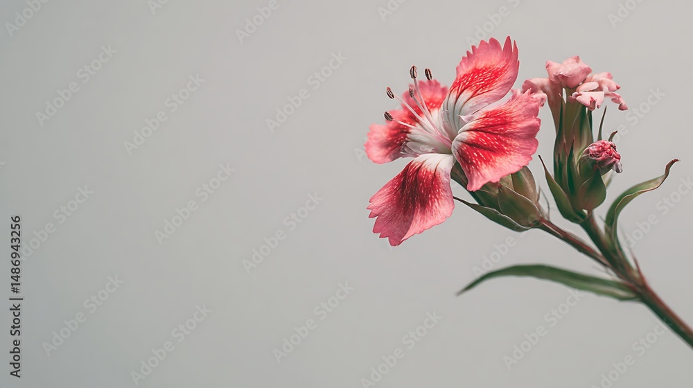 Aufkleber delicate single flower positioned on the side against a light background with blank negative space f