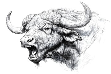 Pencil drawing of angry, fierce and fierce buffalo, side view, white background