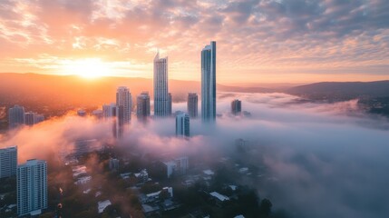 Fototapeta premium Sunrise Cityscape with Fog and Skyscrapers