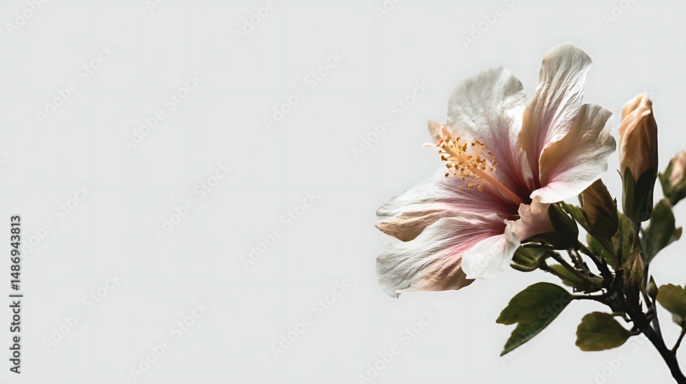 Aufkleber delicate single flower positioned on the side against a light background with blank negative space f