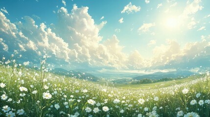 Obraz premium Vast White Daisy Field Under a Sunny Sky with Distant Mountains