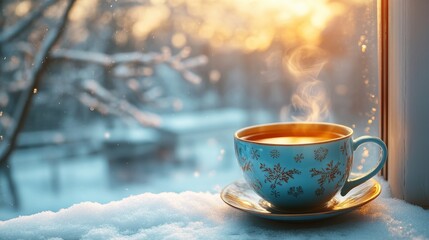 Fototapeta premium Warm Blue Teacup on Snowy Windowsill in Winter Sunlight
