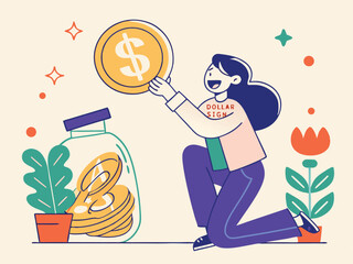 Smart Financial Savings: Illustrated Vector of a Young Woman Growing Wealth