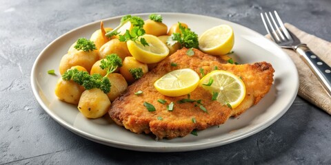 Chicken Schnitzel with Lemon and Potatoes on Elegant Plate , Elegant plate, potatoes