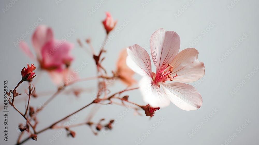 Aufkleber delicate single flower positioned on the side against a light background with blank negative space f