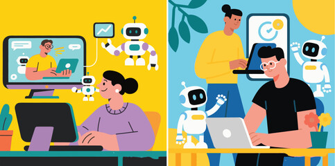 Illustrations vector  of people interacting with robots and technology in a modern setting, representing collaboration and work in the fields of AI and robotics.
