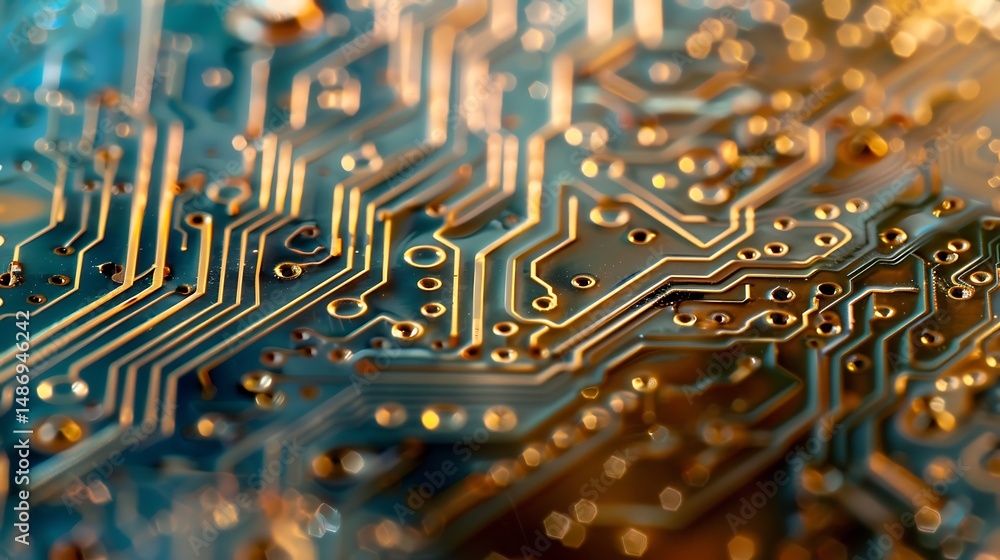 Poster close up view of a circuit board with golden traces on a blue background