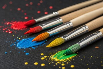 Obraz premium Closeup of Colorful Paintbrushes with Paint on a Dark Surface - generated by ai