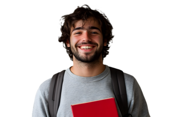 Smiling young male student holding a book and wearing a backpack, looking up, against white or transparent background