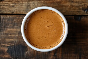Top view of frothy cappuccino in white cup on rustic wooden surface. Perfect for illustrating morning routines, coffee breaks, or cafe menus.