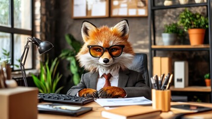 Fox in suit works at office desk