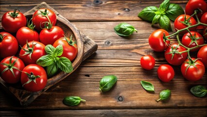Fresh Ripe Red Tomatoes with Fresh Basil Leaves on Rustic Wooden Table, cooking, foodie,  cooking, foodie