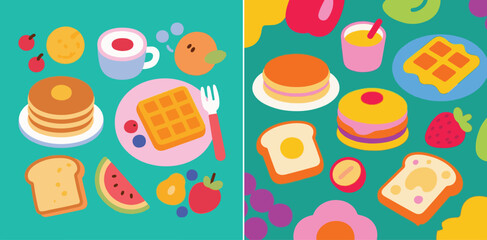 A vector bright and colorful pattern featuring various breakfast foods and fruits like pancakes, waffles, toast, eggs, and berries on a vibrant teal background.