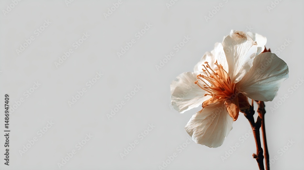 Aufkleber delicate single flower positioned on the side against a light background with blank negative space f