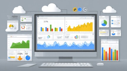 Multi-screen data visualization dashboard with various charts and graphs