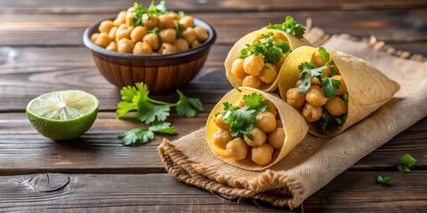 Crunchy pani puri filled with chickpeas in a small paper cone garnished with fresh cilantro and lime wedges on a wooden tablecloth, crunchy snack, snack foods