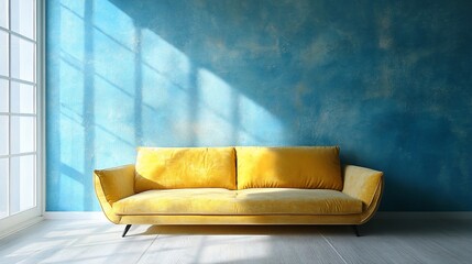 Sunlit Yellow Velvet Sofa Against Textured Teal Wall