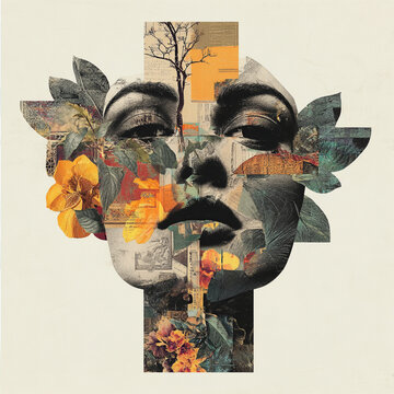 Retrato abstrato com enfeite de cabe&ccedil;a floral e elementos de colagem 