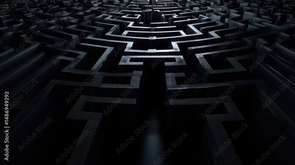 Poster intricate, dark labyrinthine pathway extending into the distance.