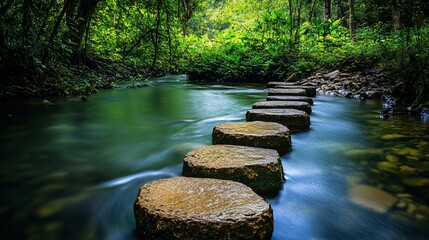 Serene Stepping Stones Across a Tranquil Stream in Lush Forest