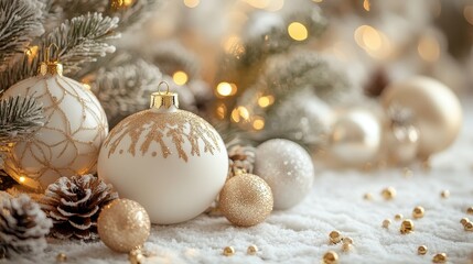 Fototapeta premium White and Gold Christmas Ornaments with Pine and Festive Lights