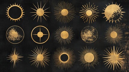 Gold Celestial Sunburst Collection: 16 Vintage Sun Designs