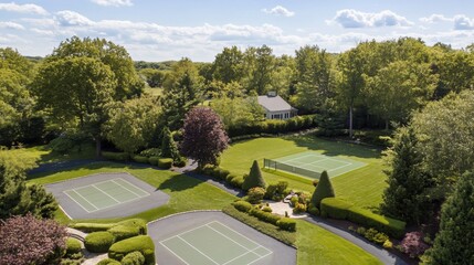 Aerial View of Luxurious Estate with Tennis Courts and Lush Gardens
