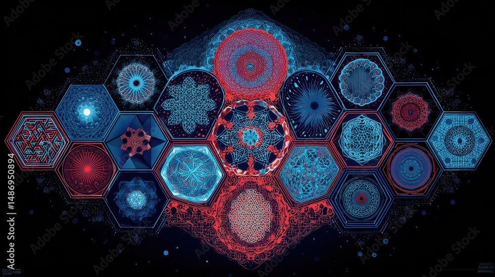 Poster abstract digital design with interconnected patterns.