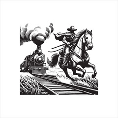 Cowboy on Horse Chasing Train with Western Saloon &ndash; Black and White Line Art


