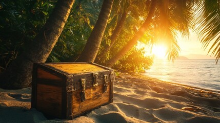 Sunlit Treasure Chest on Tropical Beach at Sunset