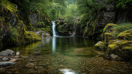 A beautiful waterfall cascades into a tranquil pool, surrounded by lush green foliage and moss-covered rocks