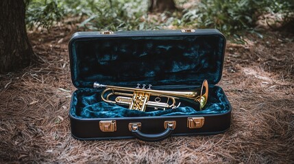 Golden Trumpet in its Case Resting on Forest Floor