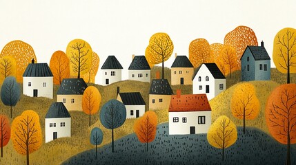 Autumnal Village Landscape: Charming Houses and Golden Trees
