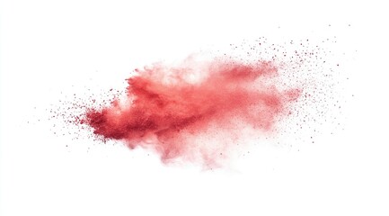 Red powder explosion against white background.  A vibrant, reddish-pink colored powder cloud, light and airy, with fine particles dispersed in the air, creating a dynamic, artistic effect