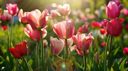 Close Up View Of Pink And Red Tulips Blooming In A Sunny Garden Scene