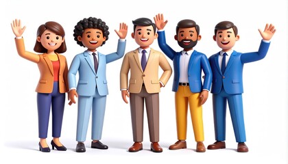 Obraz premium Smiling Diverse Team: A Cheerful 3D Cartoon Business Illustration