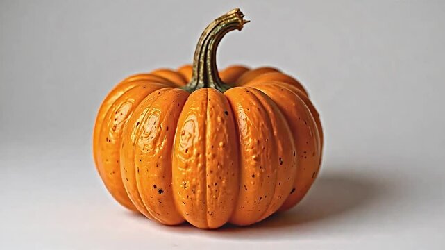 a small orange pumpkin with a rustic appearance, showing tiny specks and imperfections, placed on a stark white background, creating a contrast of warmth and minimalism