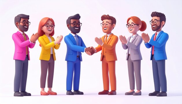 Vibrant Business Deal: Colorful 3D Characters Celebrate Success