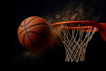 A basketball flying toward the hoop with dynamic dust effect, captured in dramatic slow-motion style.