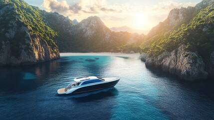 Luxury Yacht in Secluded Cove at Sunset